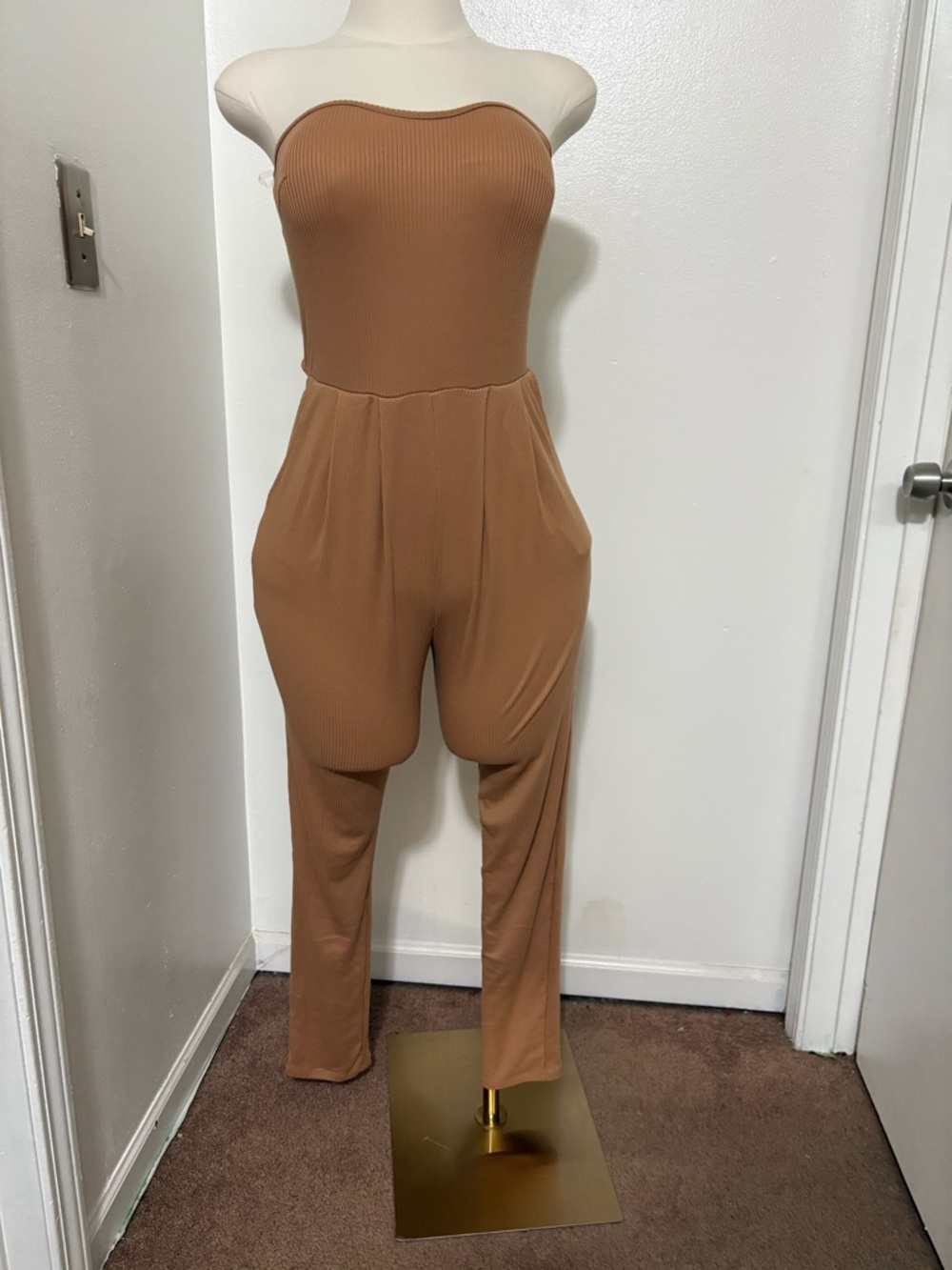 Strapless Ribbed Jumpsuit in Camel Brown NWOT Medium